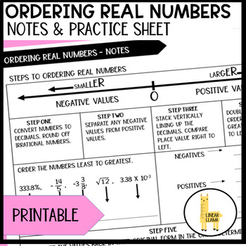 Preview of Ordering Real Numbers Notes and Practice Sheet