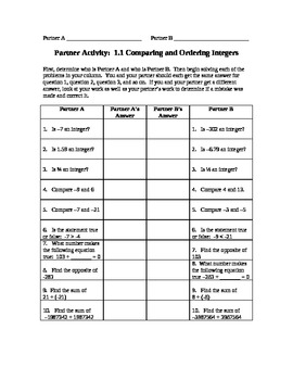 Preview of Ordering and Comparing Integers Partner Activity