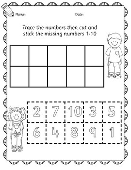 Preview of Maths - Place value: Ordering numbers trace cut and stick worksheet 1-10