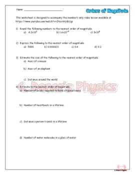 Preview of Orders of Magnitude Worksheet for Video Lesson