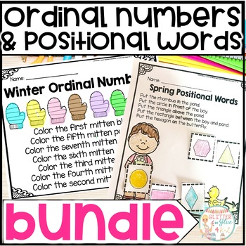 Preview of Ordinal Numbers & Positional Words Bundle - No Prep Seasonal Worksheets