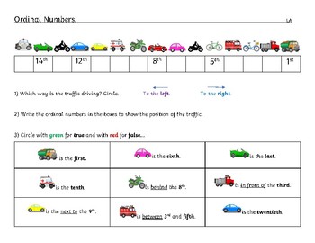 ordinal numbers worksheet differentiated kindergarten to grade 1 cars in line
