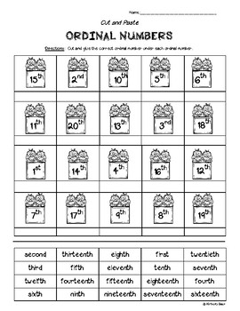 Ordinal Numbers to 20 Cut and Paste Worksheet Pack by 4 Little Baers