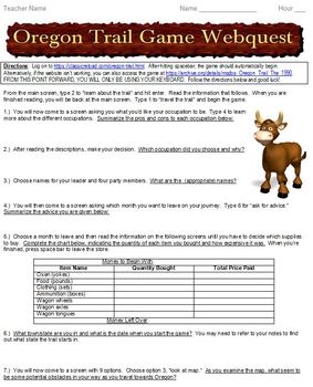 Preview of Oregon Trail Game Webquest