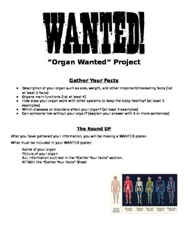 Preview of Organ Wanted Project - Body Systems - Organs, Diseases