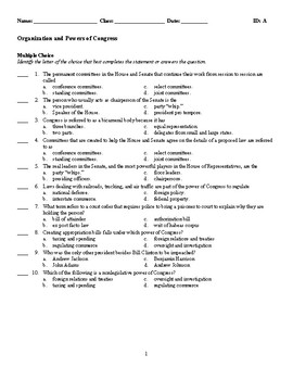 Preview of Organization and Powers of Congress (Quiz or Study Guide)