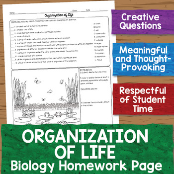 Preview of Organization of Life Biology Homework Worksheet