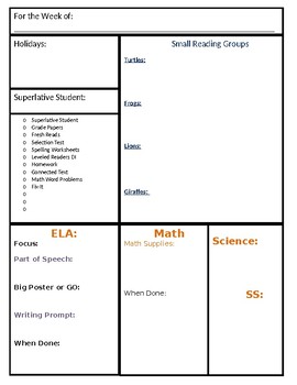 Preview of Organize Your Weekly Lesson Plans on One Think-Sheet