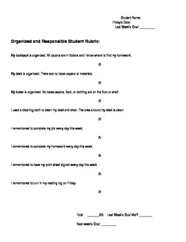 Preview of Organized Student Rubric, Organization Skills