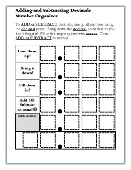 Preview of Organizer for Adding and Subtracting Decimals - Help Keep Thinking Organized!