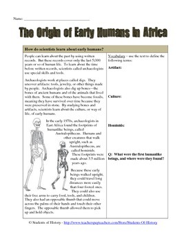 origin of early humans reading worksheet by students of history