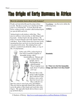 Preview of Origin of Early Humans Reading & Worksheet