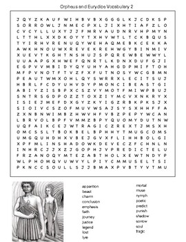 Orpheus and Eurydice Vocabulary Word Search by Northeast Education