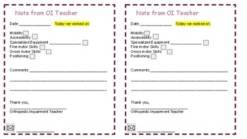 Preview of Orthopedic Impairment Teacher/ Specialist Note to Parents or Staff