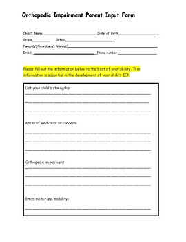 Preview of Orthopedic Impairment- Parent Input Form