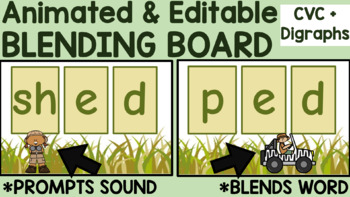 Preview of Orton Gillingham Blending Board Drill CVC + Digraphs Animated, Editable, NO PREP