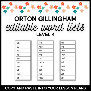 Orton Gillingham Editable Word Lists - Level 4 by Rather be at Recess