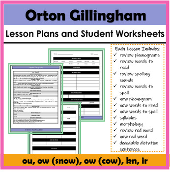 Preview of Orton Gillingham Lesson Plans & Student Sheets: ou, ow, ow, kn, ir (OG SOR)