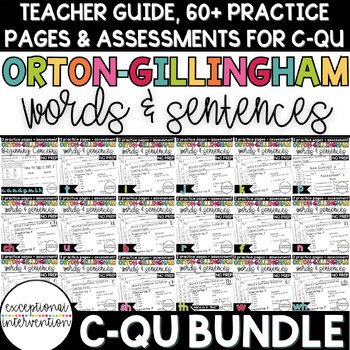 Preview of Orton Gillingham Phonics Lesson Plans, Word & Sentence Dictation c-qu Bundle