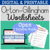 Orton-Gillingham Worksheets & Games: Open in 2-syllable words
