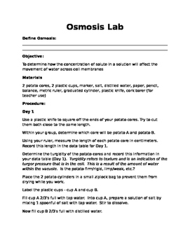 Osmosis Using Potatoes Worksheets Teaching Resources Tpt
