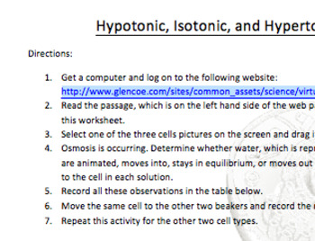 Preview of Hypertonic, Hypotonic, Isotonic Webquest