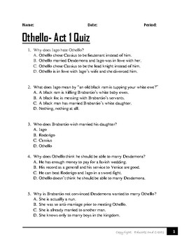 Preview of Othello Act 1 Quiz