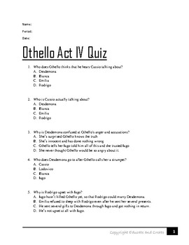 Preview of Othello Act 4 Quiz