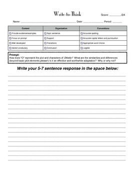 Preview of Othello and "O" Comparison Writing Activtiy