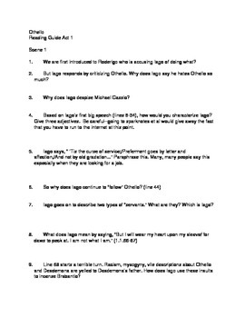 Preview of Othello Act 1 reading guide questions