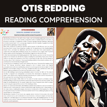 Preview of Otis Redding Reading Comprehension Worksheet | Soul Music Gospel Music