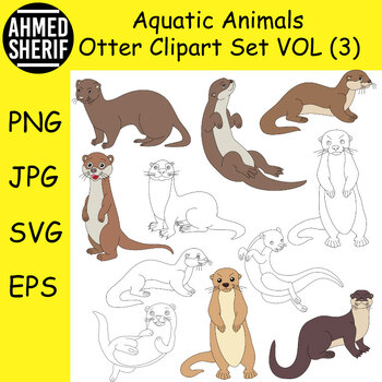 Preview of Otter Clipart Set. Outline & Colorful Otter Aquatic Sea Animals | Commercial Use