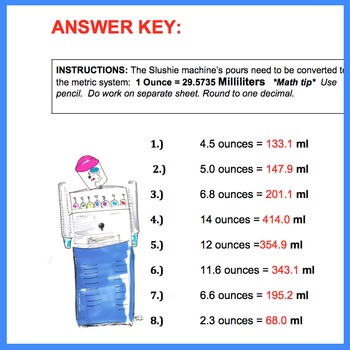 Preview of Ounces to Milliliters Conversion Practice | Worksheet Handout Quiz with Key