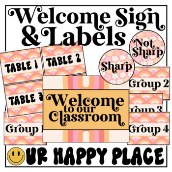 Preview of Our Happy Place Welcome Sign & Labels FREEBIE Retro Groovy Decor