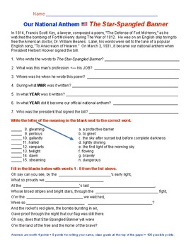 Star spangled banner worksheet