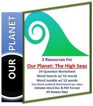 Preview of Our Planet: The High Seas Netflix Video Questions, Worksheet Word Search & Jumbo