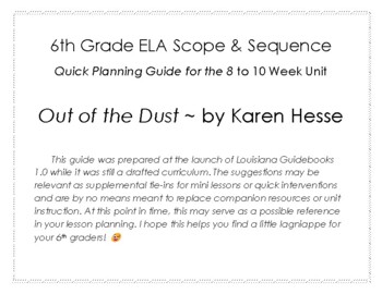 Preview of Out of the Dust Supplemental Louisiana Sixth Grade Planning Guide