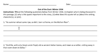 Preview of Out of the Dust Winter 1934 Test/Quiz/Study Guide Common Core Aligned