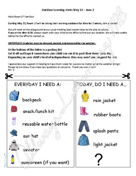 Preview of Outdoor Education parent letter and packing list