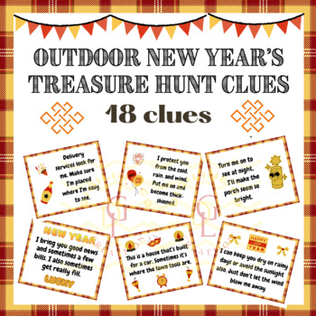 Preview of Outdoor Happy new year Treasure Scavenger Hunt Riddle Clues word problem 3rd 4th