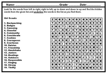 Girl Scouts, Word Search Worksheet, Girl Scouts Project Distance Learning