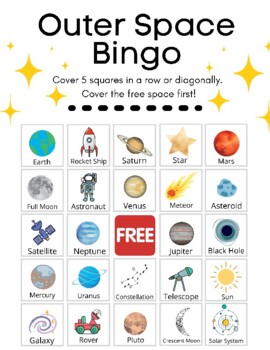 Preview of Outer Space Bingo Game with Planets Stars Rocket Ships Comets Fun Space Activity