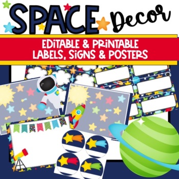 Preview of Outer Space Classroom Labels Posters Editable