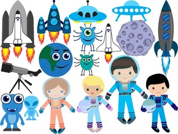 Preview of Outer Space Clip Art spaceship planet moon satellite spacecraft cosmonaut-045