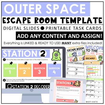 Preview of Outer Space Escape Room Template | Digital Slides | Printable Task Cards