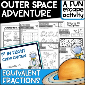 Preview of Outer Space Math Activities Escape Room Equivalent Fractions Game and Coloring