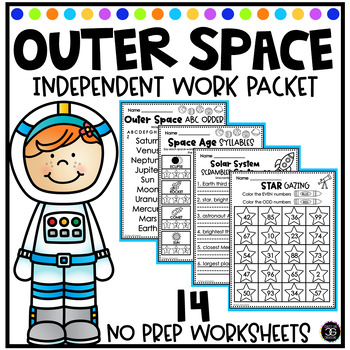 Preview of Outer Space Math and ELA Review No Prep Worksheets Grades 1-3