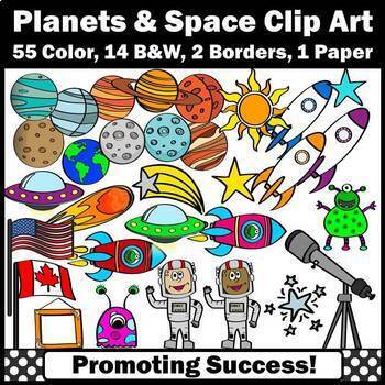 Preview of Planets Clipart Earth Space Rocket Ship Telescope Astronaut Alien Sun Moon Stars