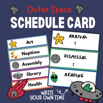 Preview of Outer Space School Schedule card, subjects posters, bulletin board