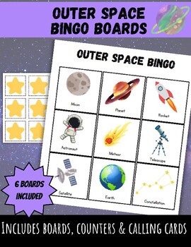 Preview of Outer Space Solar System Bingo Board Game for Preschool- planets, rockets & more